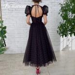 Tulle Red Hearts Black Midi Prom Dresses Queen Anne Short Puff Sleeves Tea Length Formal Prom Gowns Evening Party Gowns 