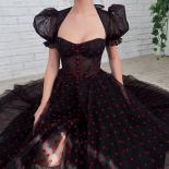 Tulle Red Hearts Black Midi Prom Dresses Queen Anne Short Puff Sleeves Tea Length Formal Prom Gowns Evening Party Gowns 