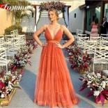Blush Pink Spaghetti Straps Long Prom Dresses Tiered Tulle Party Dresses Deep  V Neck Backless Evening Dresses فستا