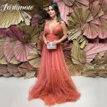Blush Pink Spaghetti Straps Long Prom Dresses Tiered Tulle Party Dresses Deep  V Neck Backless Evening Dresses فستا