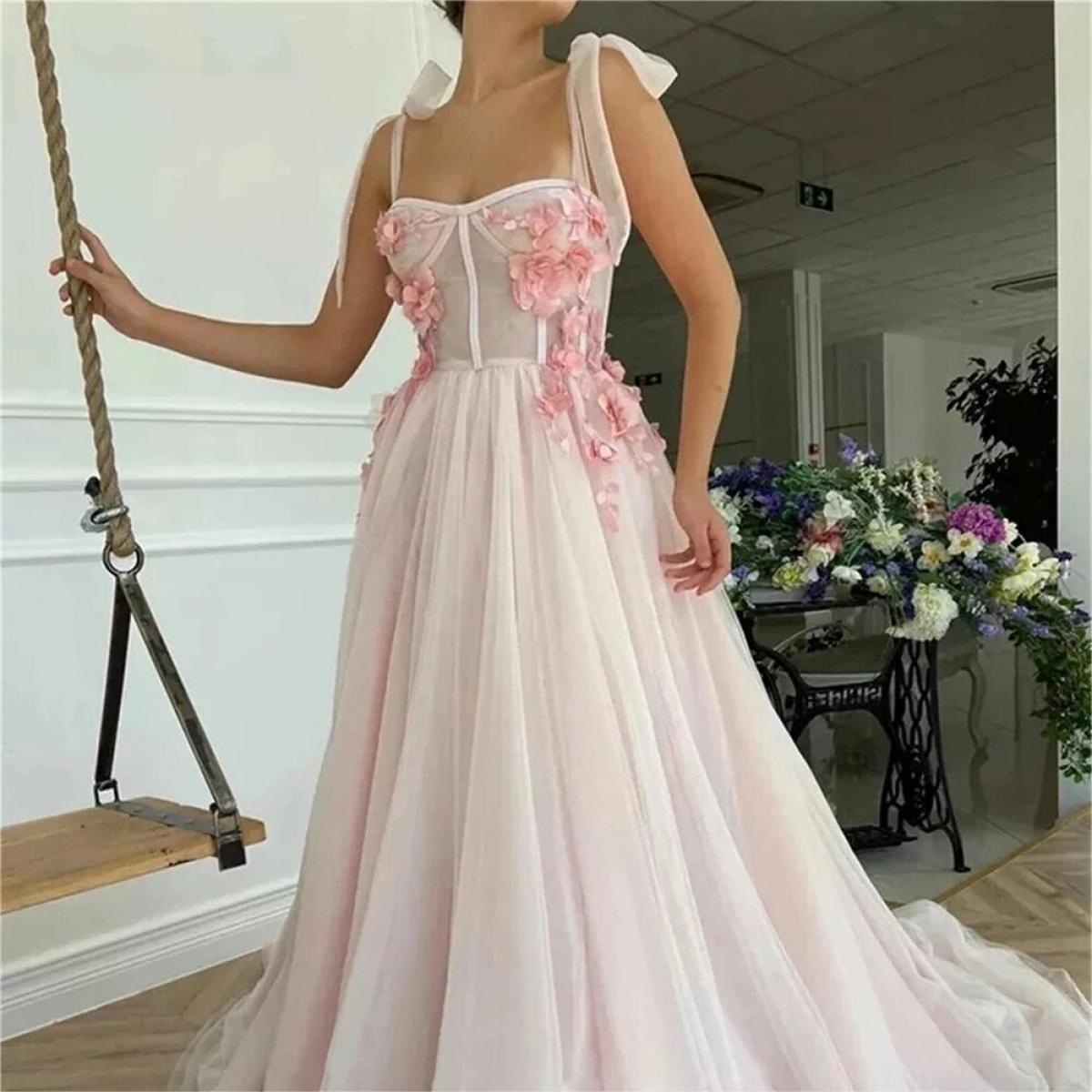 Princess Sweetheart Tulle Prom Dress A Line Fairy Pink Floral Prom Dress Cocktail Party Birthday Dress For Women Spaghet