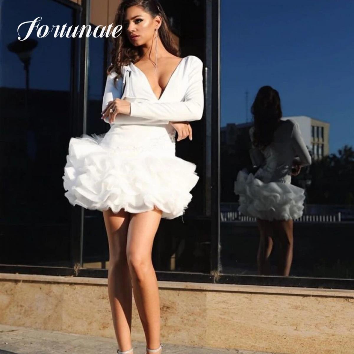 Youthful Short Ivory Quinceanera Dresses A Line Deep V Neck Cocktail Party Full Sleeve Evening Party Dress For Woman 202