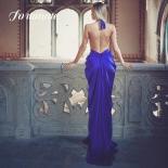 שמלת קווינסאנרה כחולה כהה עם שסע גבוה נדן פתוח גב עמוק צווארון V שמלת ערב מסיבת קוקטייל לאישה