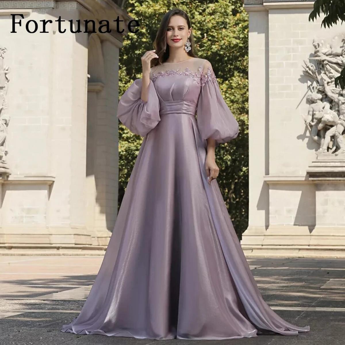 Elegant O Neck Long Evening Dress With Puffy Sleeves A Line Lace Soft Satin Prom Party Gown 2022 Custom Made  Evening Dr