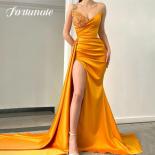 Strapless Satin Prom Dresses Gold Yellow Evening Dresses Beadings Side Slit Party Prom Gowns Floor Length Saudi Arabia M