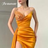 Strapless Satin Prom Dresses Gold Yellow Evening Dresses Beadings Side Slit Party Prom Gowns Floor Length Saudi Arabia M