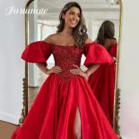 Red Boat Neck Evening Dresses Beading Satin Wedding Party Dress Short Puff Sleeves A Line Side Split Graduation Prom Dre