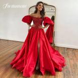 Red Boat Neck Evening Dresses Beading Satin Wedding Party Dress Short Puff Sleeves A Line Side Split Graduation Prom Dre