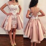 Pink Illusion Irregular Homecoming Gowns Short Sleeve Pleated Evening Party Dresses Appliques 2023 Button Knee Length Pr
