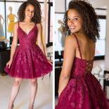 Lovedress Burgundy Tulle V Neck Sleeveless Mini Dress Above Knee A Line Homecoming Lace Appliques Lace Up Party Prom Gow