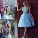 Sky Blue Evening Dresses A Line Halter Sequined Beads Sleeveless Tulle Short Sparkly Party Prom Gown Knee Length Homecom