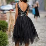 Black V Neck Party Evening Dress Sleeveless  Sequined Formal Prom Gown Backless Pleats Tulle Tea Length Homecoming 2023 