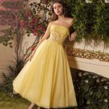 Fortunate Elegant Strapless Sleeveless Prom Dress Backless Appliques Up Tulle Evening Gown Ankle Length A Line Lace Wome