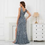 Exquisite V Neck Formal Evening Dress High Side Split Sleeveless Prom Gown For Party Sparkle Zipper Floor Length 2023 Dr