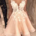 Fortunate Pink V Neck Tulle Wedding Party Gowns Lace Backless Sleeveless Mini Zipper  Appliques Short Homecoming Gowns 2