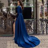 Navy Blue Elegant V Neck Evening Party Dresses High Split Formal Prom Gowns Long Sleeves Zipper Women Satin Sweep Train 