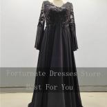 Black Chiffon Lace Women Evening Dress 2023  Appliques V Neck Prom Party Dress Long Sleeves Pleat Backless Cocktail Dres