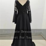 Black Chiffon Lace Women Evening Dress 2023  Appliques V Neck Prom Party Dress Long Sleeves Pleat Backless Cocktail Dres