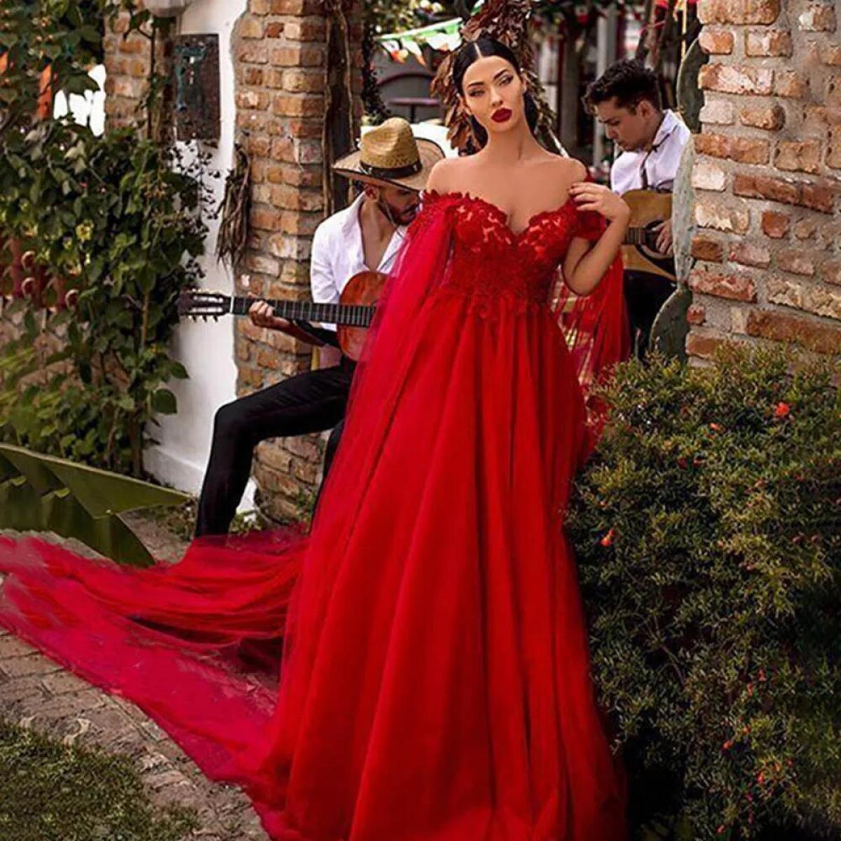 Red Off Shoulder Prom Party Dress Lace Shawl  V Neck Women Evening Dress With Cope Tulle Formal Party Gowns Robe De Soir