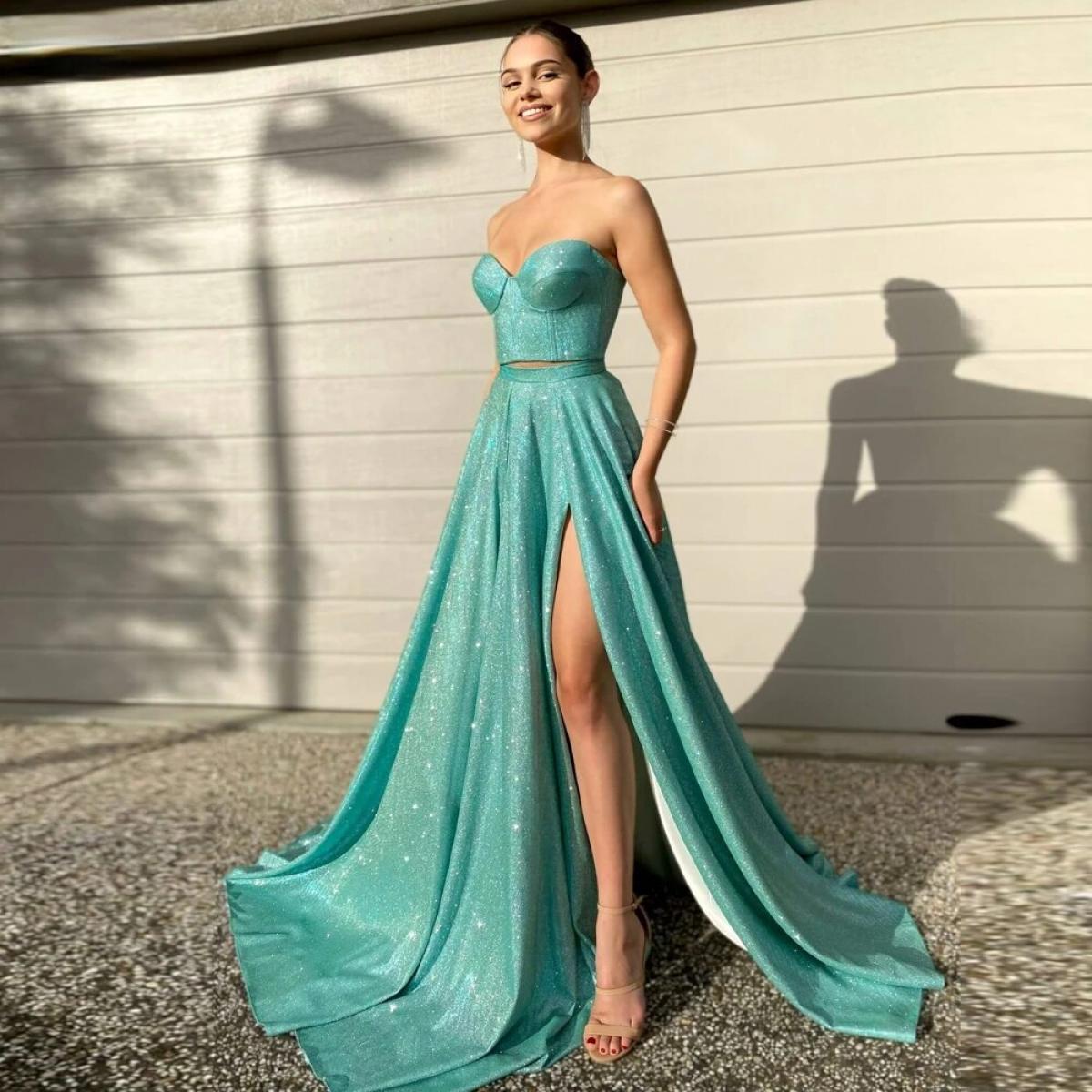 Green Strapless Sweetheart Women Evening Party Dresses Elegant Front Side Split Prom Gowns 2023 Floor Length Cocktail Go