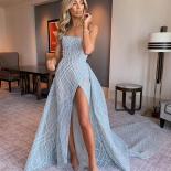 Blue Strapless Sequin Evening Party Shiny Floor Length Prom Gowns Front High Split Dresses For Women  Abendkleider