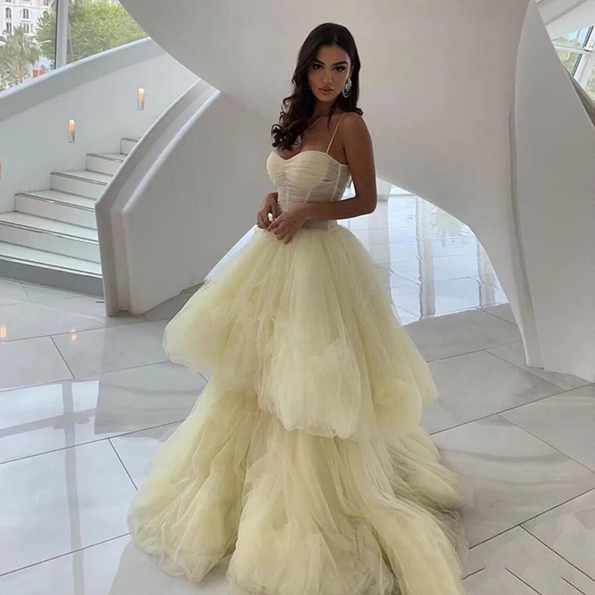 Yellow Spaghetti Straps Prom Party Gowns Elegant Ruffles Tulle Evening Women Dresses 2023 Zipper Backless Cocktail Dress
