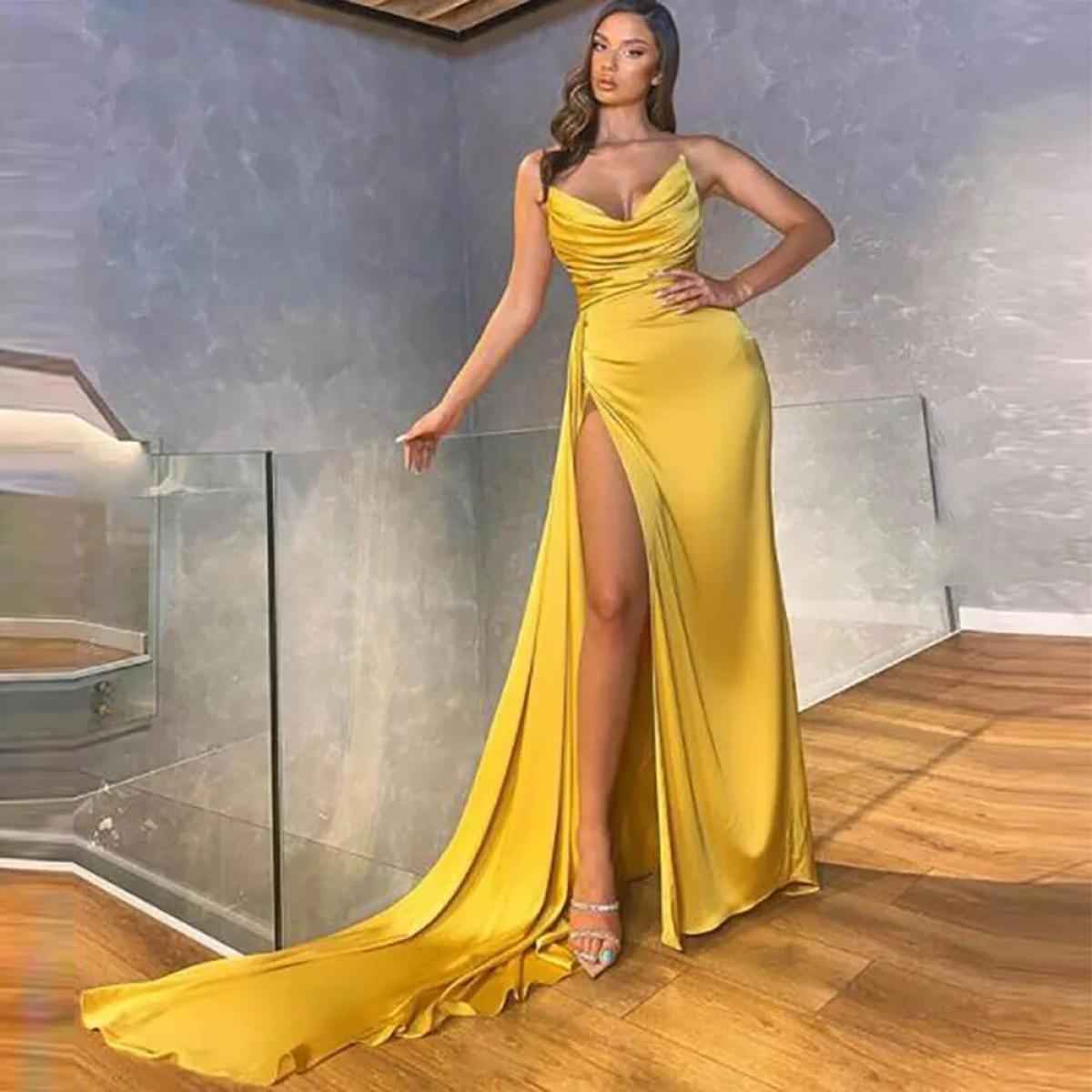 Yellow Strapless Prom Even Gowns Elegant 2023 V Neck Evening Party Dresses Front High Split  Sweep Train  Women Gowns