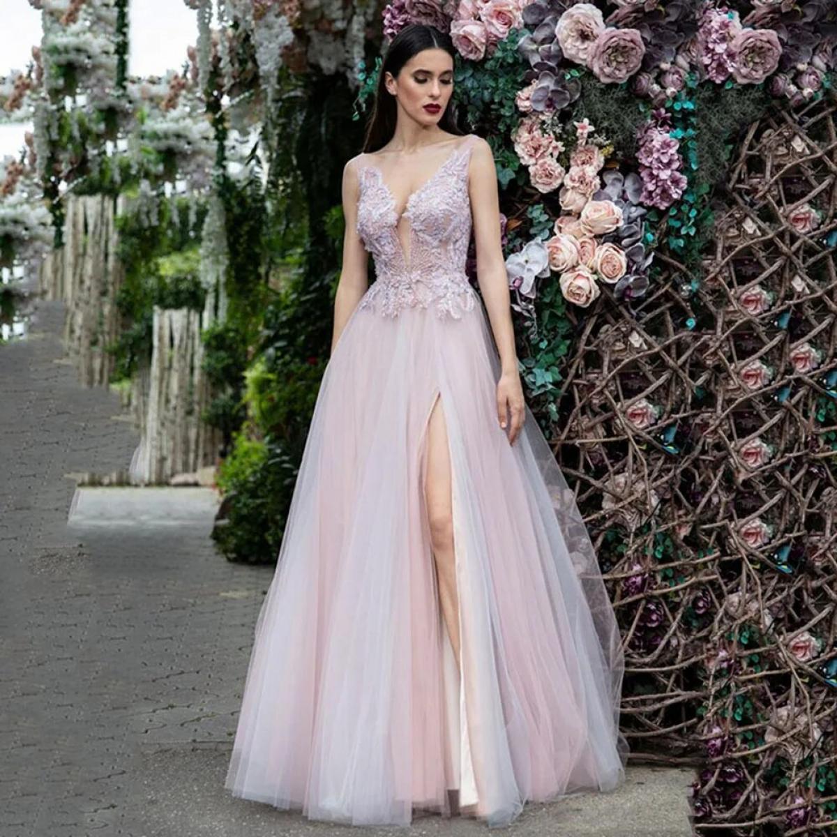 Appliques Sleeveless Formal Evening Dresses Crystal Beads Tulle Prom Party Dresses Front High Split  2023 Backless Elega
