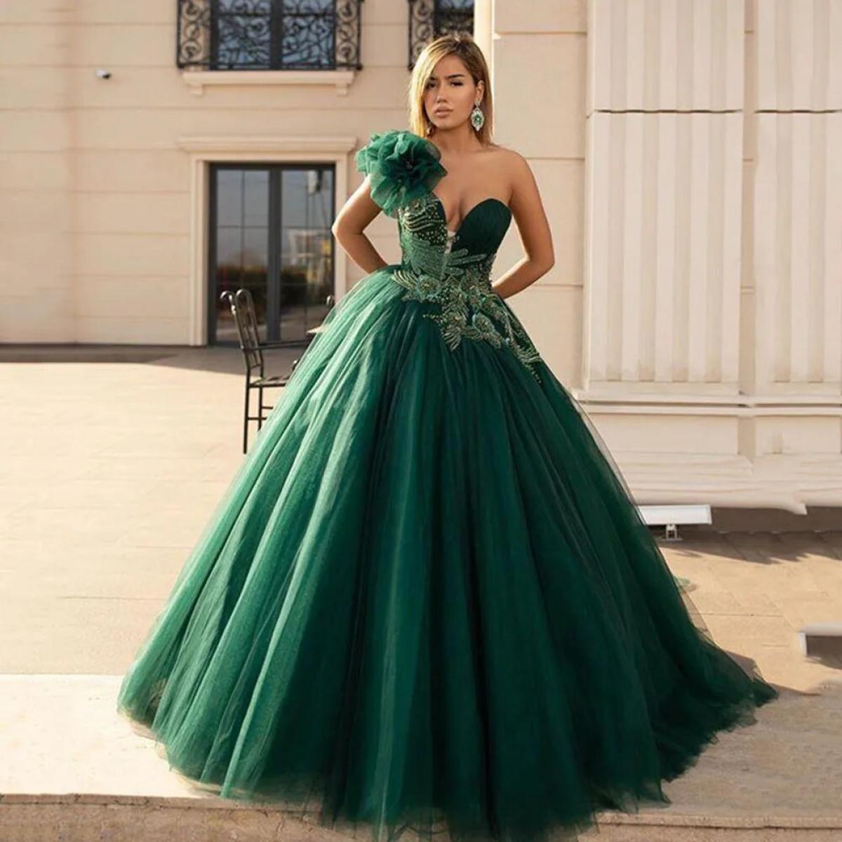 Green One Shoulder Formal Evening Dresses V Neck Appliques Flower Crystal Beads Prom Party Dress Belt Sweep Train 20223 