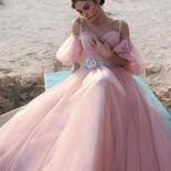 Pink Spaghetti Straps Cocktail Dresses 2023 Elegant Appliques Flower Puff Sleeve Prom Party Dresses Floor Length Beach G