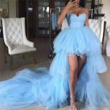 Blue Strapless Irregular Prom Gowns Party Dresses Ruched Sweep Train Cocktail Dress Layered Backless 2023 Beach Gowns Dr