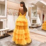 Elegant Yellow Spaghetti Straps Cocktail Dress V Neck Ruched Floor Length Prom Gowns Dress Tulle Backless 2023 Beach Gow