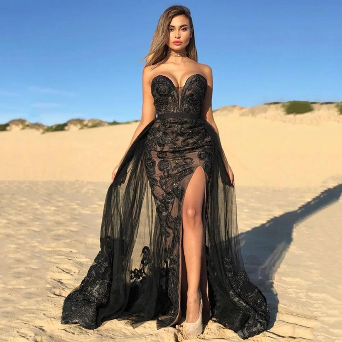Black Strapless Sweetheart Prom Party Gowns Elegant Appliques Evening Dresses Lace Front High Split Shiny Tulle 2023 Dre