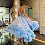 Sky Blue Sequin Spaghetti Strap Prom Gowns Dress Shiny Tiered Tea Length Evening Party Dress Elegant Backless 2023 Women