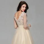 Elegant Champagne Tulle Appliqued Lace Crystal Tealength Long Sleeve Evening Dress   Evening Dresses