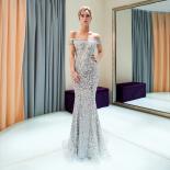  Off Shoulder Evening Dresses Mermaid Luxury Silver New Bling Bling Dubai Heavy Handwork Long Formal Abendkleider Langev