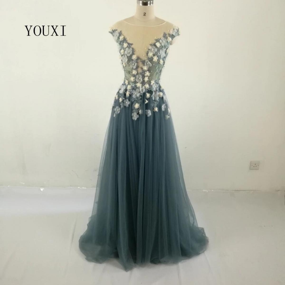 Real Photo Formal Long Sleeves Gown See Through Back Beading Flowers Pearls Handwork Prom Evening Dressesevening Dresses