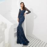 Elegant Blue Long Sleeve Evening Dresses  New Arrival Vneck Beaded Crystal Formal Prom Gowns Long Robe De Soiree  Evenin
