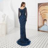 Elegant Blue Long Sleeve Evening Dresses  New Arrival Vneck Beaded Crystal Formal Prom Gowns Long Robe De Soiree  Evenin