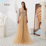  Gold Illusion Beaded Crystal Prom Dresses  New Robe De Soiree Evening Party Gown Custom Made Abendkleider  Evening Dres