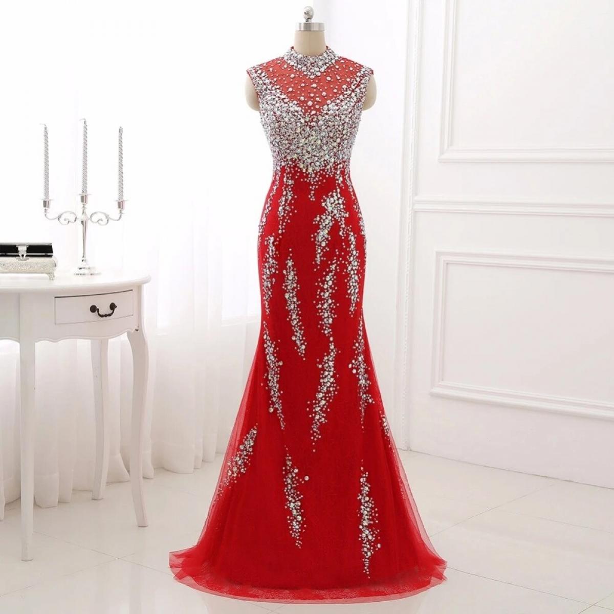 Luxury Lace Evening Dresses Mermaid  New Arrival Beaded Beads Crystal Sheer Neck Formal Occasion Prom Party Gownevening 