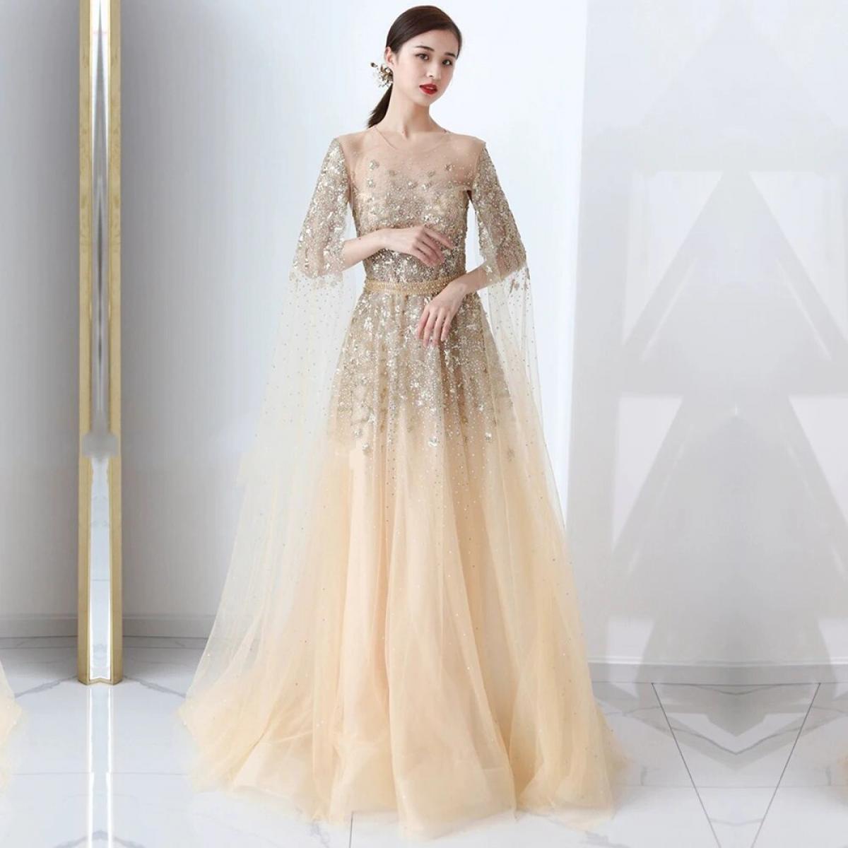 Dubai Arabia Beading Evening Dresses  With Cape Sleeves Luxury Formal Dress Gowns For Woman  Evening Dresses