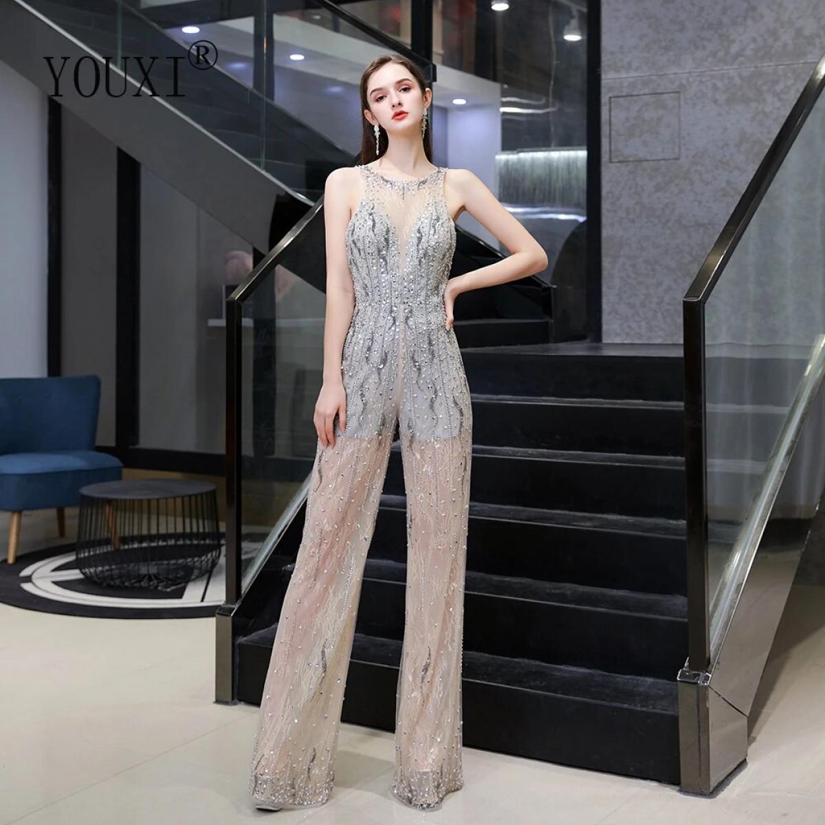 Jumpsuit Evening Dresses New Arrival Lace Beaded Crystal Oneck Backless Dress Party For Women  Evening Dresses