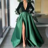 Sparkling Emerald Green Sequin Long Sleeve Evening Dresses Gorgeous Deep V Neck Satin Slit Formal Women Party Gown