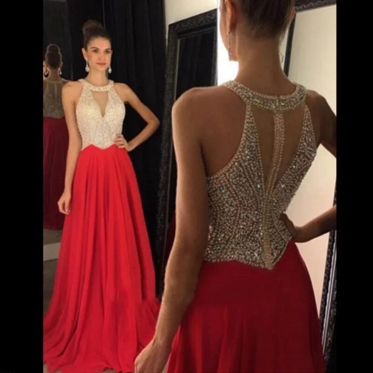 Red Spaghetti Strap Evening Gown  Red Empire Waist Evening Gowns  Long Evening  