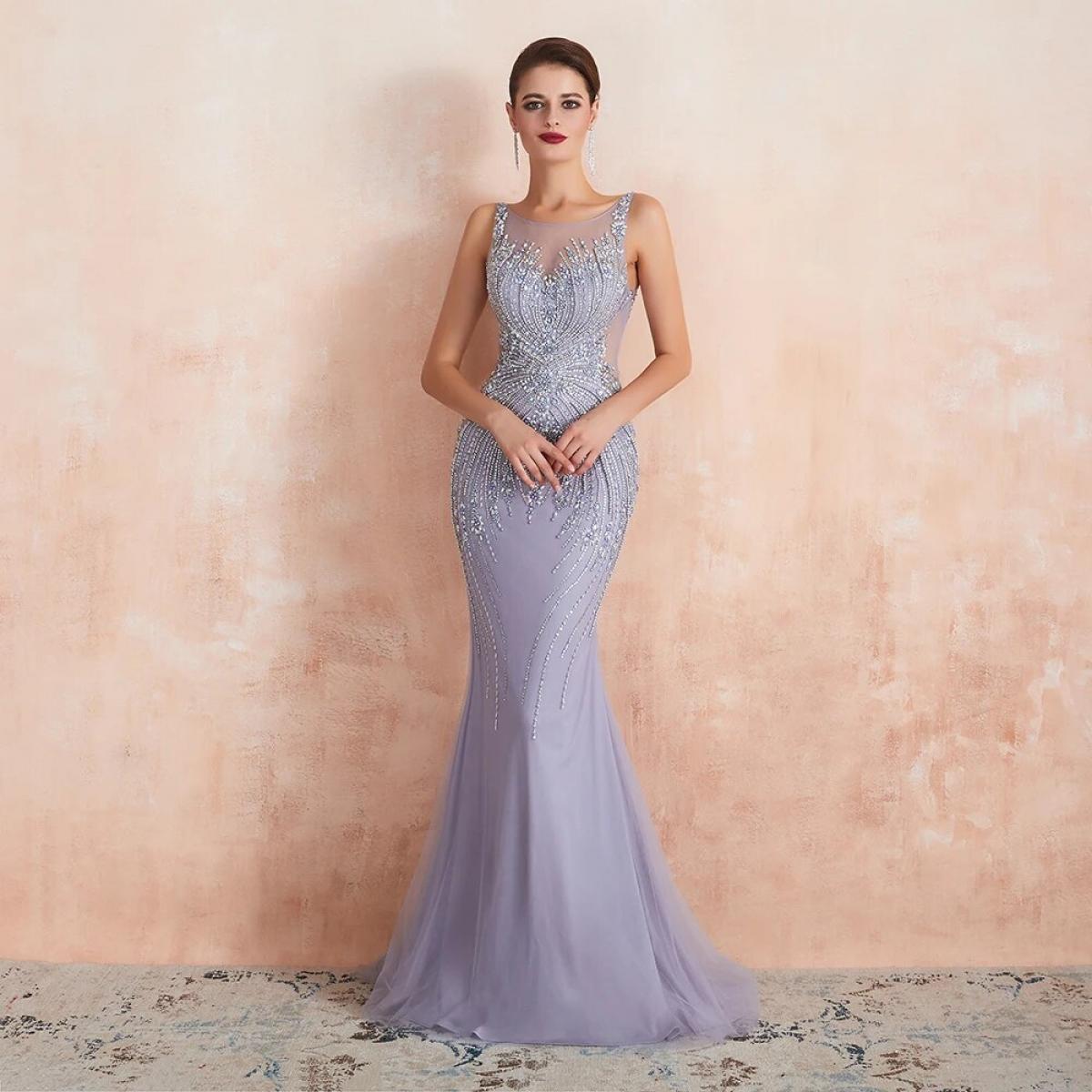 Youxi Luxury Beaded Crystal Evening Dresses   Sheer Neck Lavender Mermaid Formal Prom Gowns For Women Sleeveless  Evenin