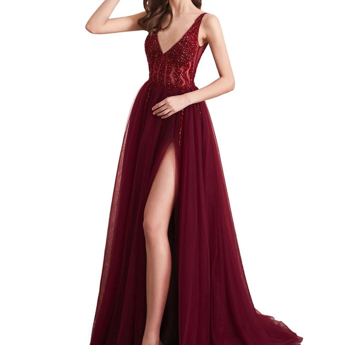 Beading Crystal Evening Dresses 2023  Vneck Spaghetti Straps Side Slit Formal Prom Party Gown For Women  Evening Dresses