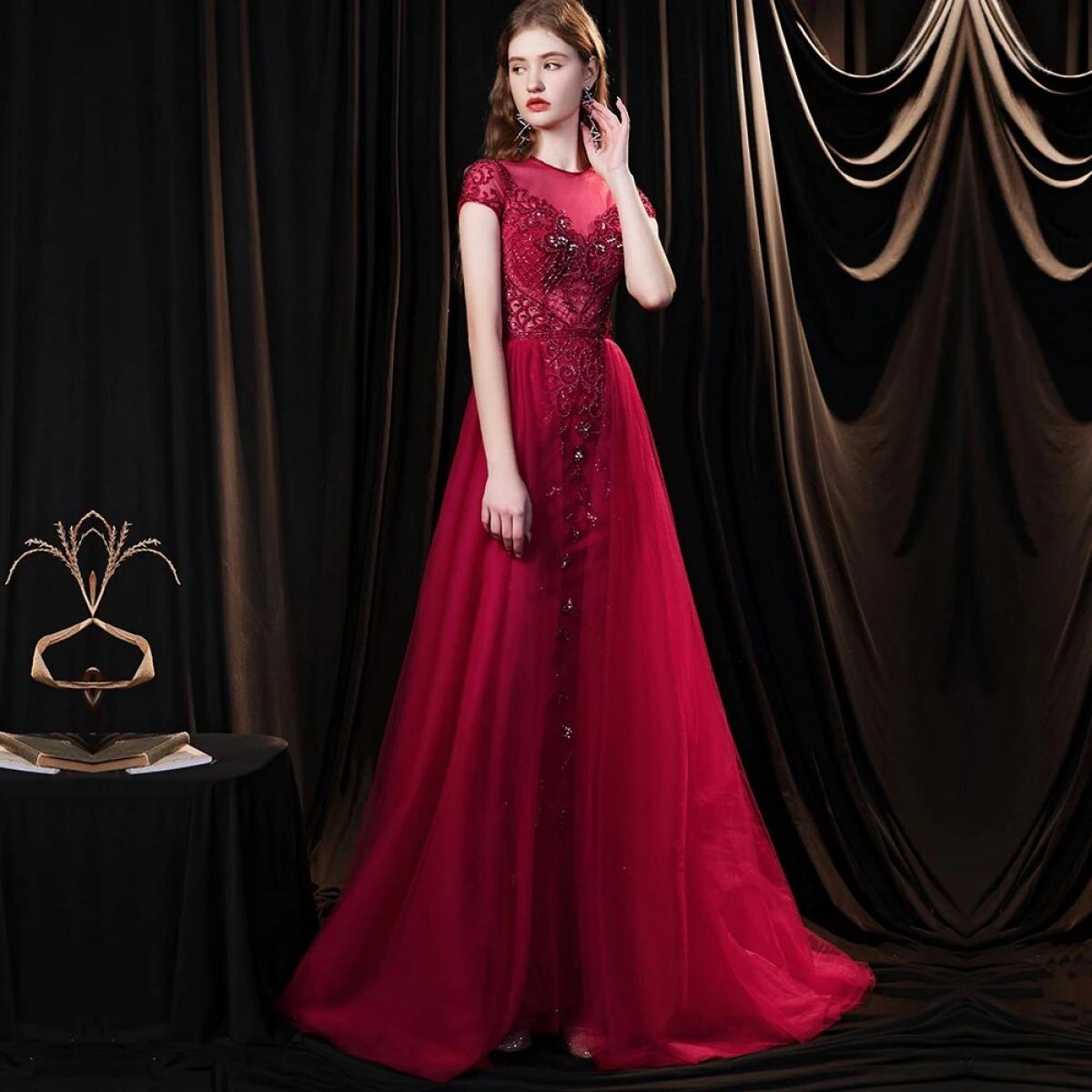 Luxury Red Evening Dress Dubai Sparkly Rhinestone Cap Sleeve Formal Gown Competition Dresses Robe De Soiree  Evening Dre