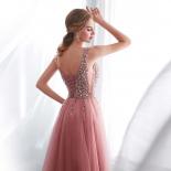 Beading Evening Dress  Vneck Pink High Split Tulle Sweep Train Sleeveless Prom Gown Aline Lace Up Backless Vestido De  E