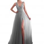 Beading Evening Dress  Vneck Pink High Split Tulle Sweep Train Sleeveless Prom Gown Aline Lace Up Backless Vestido De  E